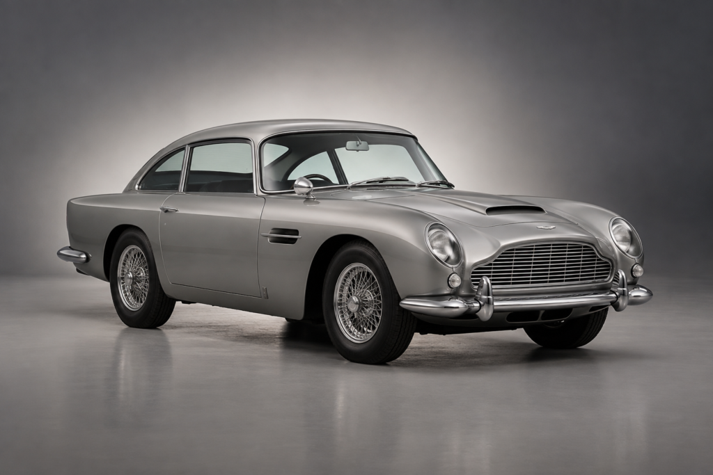 Aston Martin DB5 in an editorial automotive setting.