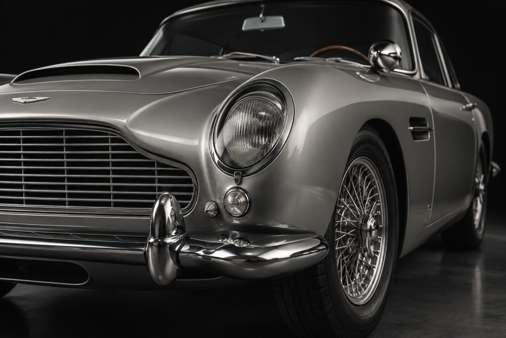 Aston Martin DB5 in an editorial automotive setting.