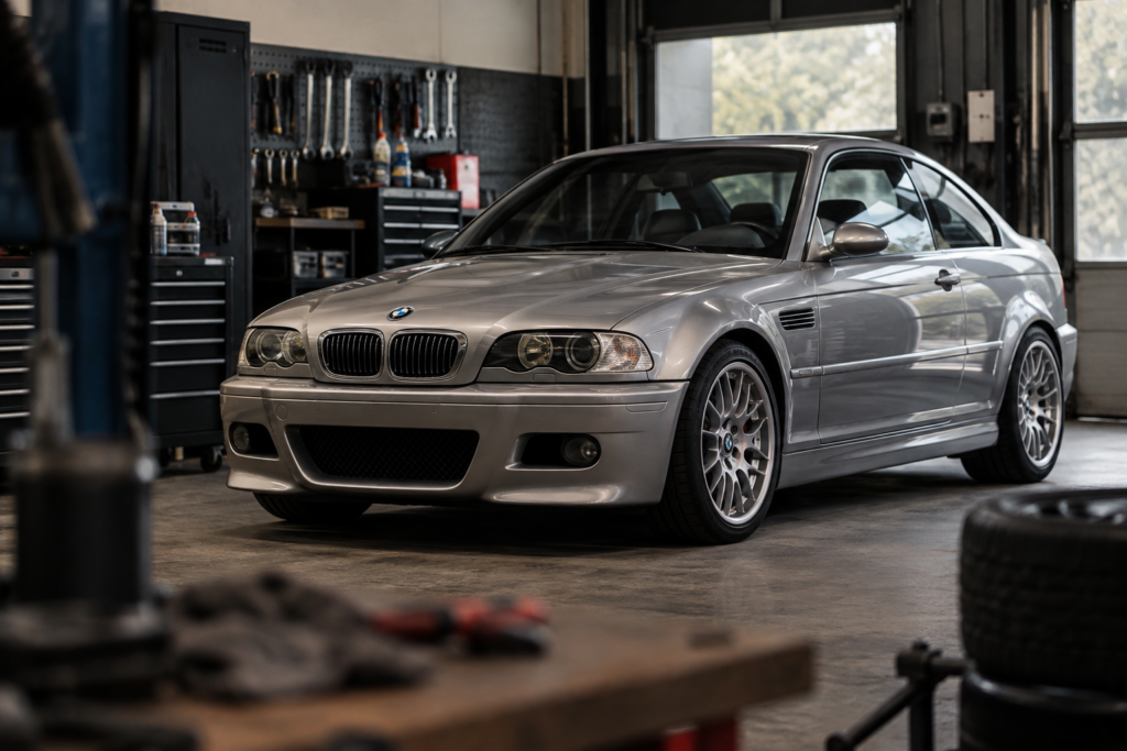 E46 BMW M3 in an editorial automotive setting.