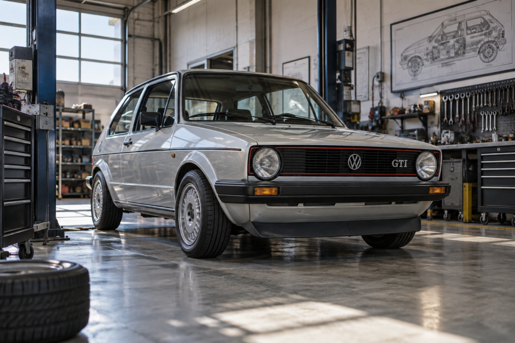 Mk1 Volkswagen Golf GTI in an editorial automotive setting.