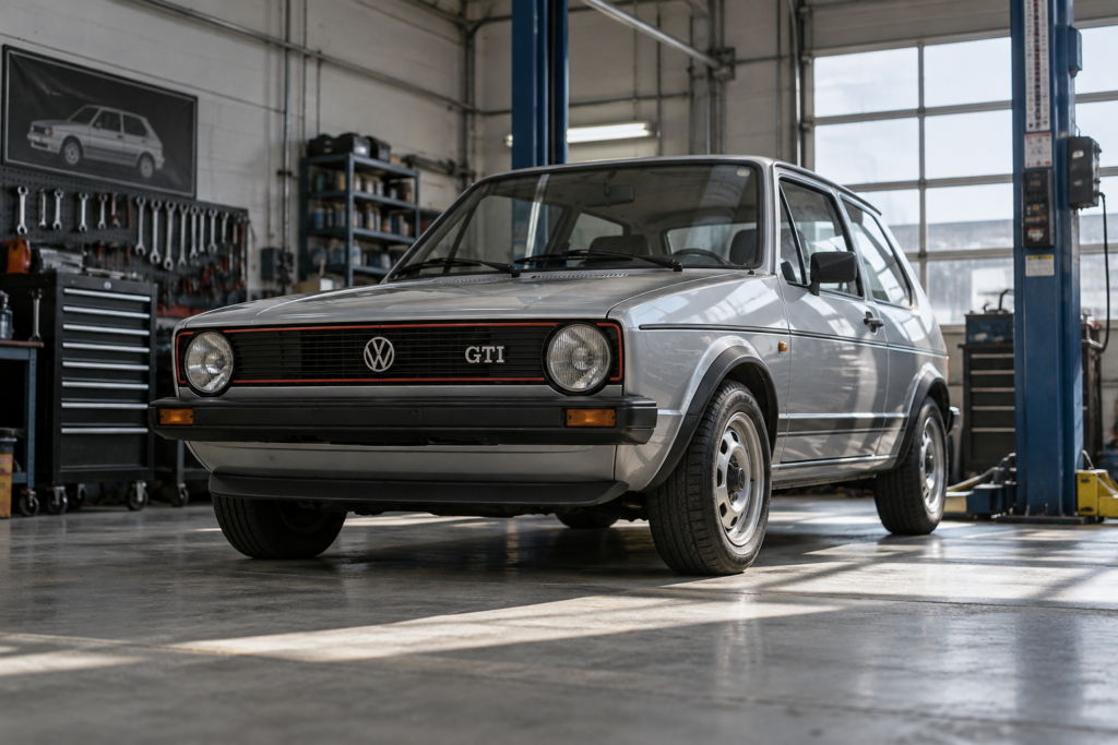 Mk1 Volkswagen Golf GTI in an editorial automotive setting.